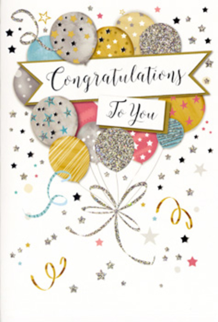 The image presents a sophisticated congratulations card designed around a central cluster of balloons that feel as considered and artful as a hand-tied bouquet from a Harlesden florist. The balloons overlap in a gentle arc, brushed in harmonious tones of antique gold, polished silver, champagne, dusty blue, soft pink, and dove grey. Each balloon is embellished with subtle decorative details-tiny metallic stars, fine stripes, and scattered glitter accents-that add texture and depth, almost like different petals within one coordinated display. Long, curling ribbons extend from the balloon bases, drawn in fine gold and silver lines that twist and loop like party streamers trailing across a table after a celebration on Craven Park Road. A sweeping banner cuts gracefully through the middle of the cluster, carrying the phrase Congratulations To You in elegant cursive script, the letters slim and poised, suggesting a thoughtful, heartfelt message rather than a generic greeting. Surrounding the main composition, an airy scatter of small stars, confetti dots, and decorative swirls floats against a soft, neutral background, giving the impression of lightness and movement, as though the card itself is caught in the glow of a celebratory moment. The overall effect is one of polished joy-festive yet tasteful, suitable for graduations, new jobs, promotions, or any milestone someone in Harlesden has worked hard to achieve. When paired with fresh flowers from Flower Delivery Harlesden, this card completes a gift that feels both celebratory and genuinely personal.
