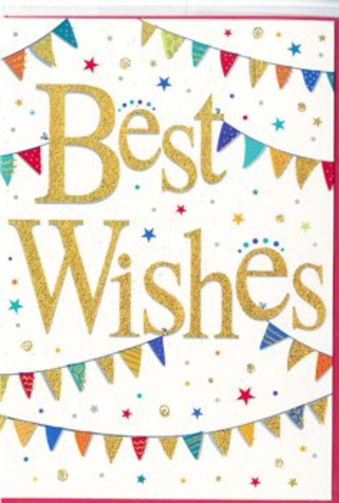 The congratulations card in this image exudes the kind of warm, upbeat spirit that suits a happy announcement anywhere from Harlesden to nearby Willesden. The background is a bright, unblemished white, like a freshly painted wall in good natural light, providing the perfect canvas for the central message. Across the middle, in flowing, confident script, the words Best Wishes appear in gleaming gold. The lettering is slightly raised and dusted with fine glitter, so it would feel textured and almost velvety when touched, catching and reflecting light with each tiny movement. Surrounding this golden phrase, arcs of festive bunting sweep from side to side. The pennants are small and neatly spaced, painted in vibrant, saturated colours-royal blue, cherry red, leafy green, mustard yellow, and a handful of softer tones-some decorated with stripes, others with tiny dots or geometric motifs. They resemble strings of flags strung across a lively Harlesden street party, suggesting laughter, music, and shared congratulations. Between these streams of bunting, little stars and round confetti marks are sprinkled with careful randomness, using coordinating shades and occasional touches of gold. They seem to float on the surface, giving an illusion of movement, as though the confetti has just been tossed in celebration of good news. The overall layout is clean and modern, with just enough decoration to feel jubilant without overwhelming the simple, sincere message. It is the kind of card a florist might tuck into a vibrant congratulatory bouquet delivered across NW10-perfect for new jobs, exam success, engagements, or any moment when you want to send heartfelt encouragement and joy.