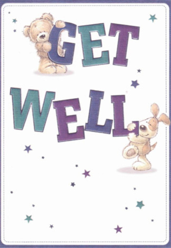 A tapestry of playful reassurance is woven throughout this get well card, its friendly illustration of a pudgy bear and floppy-eared puppy evoking the heartfelt community spirit unique to Harlesden. The bear, fluffy and round, sits contentedly atop the sparkling 'GET'-bold letters dusted with hues of grape and teal-while its companion, an ever-hopeful pup, nestles around the 'WELL', gazing upward with a look of encouragement that seems to cross straight from the card to the recipient's bedside. Around them, dreamy stars scatter in lilac and navy, mimicking the hopeful spark that finds its way into even the quietest corners of local homes and markets. The white background sets off the colourful composition, ensuring clarity and focusing attention on the message at hand. Every illustrated detail-the soft gradations of fur, the delicate rendering of gentle eyes, the playful gleam in each star-serves both accessibility and artistry. As much as a thoughtfully wrapped Harlesden bouquet, this card extends a comforting hand, each element arranged as thoughtfully as fresh blooms selected for recovery. The design's purity and warmth convey a universal wish for healing, shaped with the earnestness intrinsic to artisan florists who know how much a beautiful gesture can brighten a difficult moment.