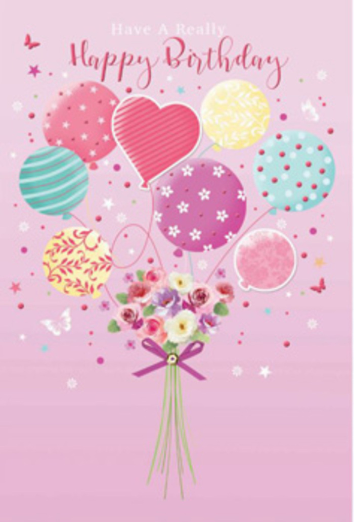 A whimsical birthday design unfolds against a backdrop of soft, shell-pink, reminiscent of a peaceful Harlesden morning before the streets grow busy. From the lower edge of the image, a dainty hand-tied bouquet rises, its stems gathered neatly and finished with a sparkling purple bow that glows like satin in the light. The bouquet is composed of petite roses and soft, daisy-like blooms, their petals shaded delicately from cream to blush and rose, suggesting flowers just opening under gentle sunshine. Above these fresh blossoms, a float of pastel balloons seems to lift the entire arrangement into the air, as though the flowers themselves are taking flight in celebration. The balloons range in hue from rosy pinks and sea greens to warm yellow and lavender, each one decorated with playful patterns-curving stripes, neatly scattered polka dots, and tiny doodled flowers that echo the bouquet below. Some balloons appear slightly translucent, catching the light and giving the impression of a soft gleam, like reflections in a shop window along Craven Park Road. Around the cluster, small stars and butterflies drift in quiet arcs, adding a daydream quality, as if the scene has been paused at the happiest moment of a birthday party. The overall mood is one of gentle jubilation and tenderness, the kind of design a local Harlesden florist might choose for someone who loves both pretty details and a touch of magic on their special day.
