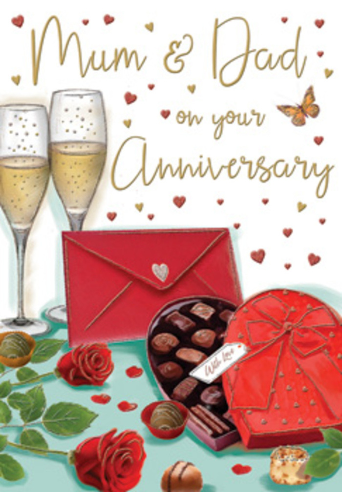The anniversary card shown here paints a scene that could easily belong on a polished dining table in Harlesden just before an intimate family toast. In the foreground, two rich red roses lie gracefully across the surface, their petals thick, curled, and impossibly soft-looking, like freshly delivered stems chosen with a florist's practiced eye. Deep emerald leaves fan out around them, creating a lush frame that sets off the crimson tones. Close by, a heart-shaped box of chocolates, lacquered in a vivid, romantic red, sits invitingly open. The satin bow topping the lid is tied in sweeping loops, its texture almost touchable, while the chocolates inside range from smooth milk to darker cocoa shades, some domed, others squared, each one suggesting a different luxurious filling. Behind this indulgent duo, two tall champagne flutes stand shoulder to shoulder, filled with pale, sparkling champagne that captures a warm, golden light. Tiny bubbles rise in a slow, celebratory stream, as if frozen in the moment just before glasses clink in honour of another year shared together. Scattered around the composition are small hearts in crimson and metallic gold that drift across a softly glowing background, gathering near the hand-lettered words dedicated to Mum & Dad. Their presence turns the artwork into a tribute to parents whose love story has become part of the family's foundation in Harlesden, from Kensal Green to Stonebridge. A bright red envelope, its edges crisp and clean, lies ready with a hidden message of thanks and admiration tucked safely inside. The entire card radiates a sense of warmth, indulgence, and gratitude-a gentle reminder that anniversaries are best marked with thoughtful touches, shared treats, and a quiet nod to the years already woven together.