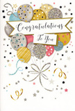 In this image, a stylish congratulations card is shown upright, its design centred on a bouquet-like arrangement of balloons that seem to rise from the bottom edge in a gentle, uplifting arc. The balloons are rendered in soft metallic shades of gold, silver, champagne, pale blue, blush pink, and gentle grey, each finished with its own pattern of delicate stars, stripes, or glittering dust that adds a sense of shimmer without overwhelming the eye. Their thin, looping ribbons cascade downward in graceful curves, a little like the flowing trails of satin you might see tied around a celebratory bouquet delivered to a home near Harlesden Station. A banner stretches across the middle of the card, lightly curving as it carries the words Congratulations To You in refined, looping calligraphy that feels warm and sincere. Around the balloons and banner, tiny stars, specks of confetti, and swirling decorative lines drift across a pale, spacious background, creating a feeling of airiness and motion, as if the scene captures a single, joyful moment at the height of a celebration. The palette leans toward soft glamour rather than bright neon, giving the card a timeless look that works for many occasions: exam successes, engagement announcements, promotions, or proud family milestones. To someone unable to see it, I'd describe the card as a gentle burst of metallic and pastel happiness, polished enough for an office in central Harlesden yet personal enough to accompany a hand-delivered congratulatory bouquet to a friend or neighbour.