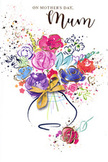 This Mother's Day card artwork presents a joyful, almost musical bouquet rendered in flowing watercolour, as if an artist in Harlesden paused between tying bouquets to paint how love feels. The flowers, though stylised, read as generous, open blooms in shades of deep cerise, vibrant pink, and rich magenta, their forms loosely encircled with confident indigo lines that echo the natural curves of real petals. Soft washes of blue, lilac, and the faintest apricot drift between the warmer tones, giving a sense of movement and depth, like a gentle breeze passing through a spring garden. Scattered across the bouquet are fine gold details that catch the eye-tiny strokes and outlines that mimic metallic foil or gilded ink, bringing a subtle glow, much like the gleam of ribbon on a freshly prepared arrangement ready for delivery around Harlesden and Stonebridge. The flowers rise from a rounded vase, simply illustrated but finished with an elegant golden bow at its base, suggesting the careful finishing touches a florist adds just before a Mother's Day surprise is carried out the door. Around the main cluster of blooms, light splatters of paint and small hearts dance against a bright white background, implying joy, gratitude, and the playful energy of children eager to celebrate their mum. The overall effect is airy yet emotionally full, a visual hug that turns the idea of a hand-tied bouquet into a lasting keepsake on paper.