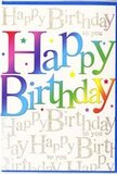 The front of this birthday card radiates pure celebration, as though it has been crafted to mirror the colourful energy of a Harlesden street on a sunny day. At the heart of the design, the words Happy Birthday stretch across the card in bold, generously sized letters, each one immersed in a different segment of a smooth rainbow gradient. Rich crimson transitions into juicy orange, then into buttery yellow, fresh lawn green, ocean blue and deep violet, creating a flowing band of colour that looks almost airbrushed, with gentle blending at every edge. The finish of the letters appears satiny and slightly luminous, catching the light in a way that makes the greeting seem to pulse with life, similar to how bright shopfront signs stand out along the High Street. Behind this bold headline, the entire background is filled with repeated lines of Happy Birthday to you, written in a refined, looping gold script that adds a quiet sense of luxury. The script is fine and delicate, layering across itself like decorative filigree while remaining soft enough not to compete with the main message. Tiny glints of glitter built into the gold lettering reflect light subtly, so when the card is tilted, it twinkles gently, reminiscent of fairy lights strung above a birthday table at home. The overall effect is one of joyful sophistication: colourful, fun and unmistakably festive, yet balanced by the elegant metallic detailing. Perfect alongside flowers delivered locally, this card would look right at home in a Harlesden kitchen or lounge, standing proudly among birthday treats and gifts, sending out its warm, repeated wish for a truly special day.