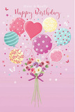 On this enchanting birthday card illustration, a gentle celebration seems to hover in the air, much like the easy, friendly atmosphere of Harlesden's community gatherings. The scene is set on a soft pink background, smooth and calming, as if painted with a warm blush. At the heart of the image, a cluster of pastel balloons floats upward, tethered to a fresh, romantic bouquet below. The balloons glow in shades of pale sunshine yellow, rosy fuchsia, mint teal, and lavender, each adorned with unique decorations-candy-like stripes wrapping around their curves, playful polka dots that skip across the surface, and delicate floral motifs. One heart-shaped balloon stands near the centre, quietly radiating affection. Below, a bouquet of small roses and anemone-like blossoms in ivory, blush, and mauve gathers close, their feathery petals soft and layered, arranged with the care of an experienced florist. A violet satin bow hugs the stems, its sheen catching imaginary light like a polished ribbon pulled fresh from a gift box. Scattered tiny stars and graceful butterflies seem to drift around the arrangement, adding a fairy-tale hint, as if a birthday wish has just been whispered. The whole composition feels light as spring air over Roundwood Park: sweet, uplifting, and joyfully composed, capturing the essence of a birthday surprise lovingly sent across Harlesden and the surrounding streets.
