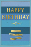 In this photograph, a beautifully composed birthday card stands against a soft, neutral background, its design radiating calm celebration, much like a peaceful birthday breakfast in a Harlesden kitchen. The face of the card is patterned with broad horizontal stripes of blue, each shade layered thoughtfully from top to bottom. Deep navy and blueberry tones occupy the upper section, moving smoothly into mid-toned ocean blues, before settling into pale, sky-like hues near the base, forming a gentle gradient that feels restful and expansive. Placed prominently in the centre, the phrase HAPPY BIRTHDAY appears in bold, raised gold lettering, each letter crisply defined and slightly reflective, catching ambient light as though touched by a subtle spotlight. The metallic finish contrasts with the soft, matte texture of the blues, adding a sense of occasion without overwhelming the design. Just below this central message, a small but graceful golden flourish acts as a visual divider, separating the main greeting from the trio of message banners beneath. These narrow banners, also rendered in metallic gold and neatly stacked, carry the warm, conversational line: Relax, have a great day and enjoy! The wording suggests unhurried hours, perhaps spent wandering along Harlesden High Street or sharing cake at home with family. A slim, shimmering gold border encloses the design, giving it a polished, gallery-like feel. Every element-from the cooling blues to the glimmering gold-works together to create a birthday card that feels both soothing and special, ideal to accompany a bunch of fresh flowers delivered locally to mark someone's day with quiet, heartfelt joy.