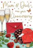 This illustrated anniversary card captures the feeling of a lovingly prepared celebration, like something set out in a Harlesden living room before the family gathers to raise a glass. At the heart of the scene, two sumptuous red roses rest on a pale tabletop, their petals rendered with such care that each curl and fold seems almost tangible. They are cradled by glossy green foliage that adds depth and a sense of fresh, just-arrived-from-the-florist vibrancy. To one side, a heart-shaped chocolate box steals the eye, its intense red casing and dramatic satin bow creating a sense of indulgence. The lid is open, revealing a tempting selection of chocolates, each piece nestled in its own little space, suggesting praline, caramel, or ganache ready to be shared slowly at the end of an anniversary meal. Rising just behind, two slender champagne flutes are filled with softly glowing golden fizz, their stems thin and elegant, the bubbles suspended as if caught mid-celebration. Dotted around the background are delicate red and gold hearts that drift toward the hand-lettered dedication to Mum & Dad, turning the design into a heartfelt tribute to long-lasting partnership. A single scarlet envelope lies nearby, its pointed flap closed, hinting at the intimacy of handwritten words meant only for the couple who will read them. The warm lighting, rich reds, and gentle gold highlights together evoke soft conversation, the faint scent of roses, and that unmistakable sense of gratitude for a love that has weathered time-an atmosphere that would feel perfectly at home anywhere from Harlesden High Street to the quieter residential roads nearby.